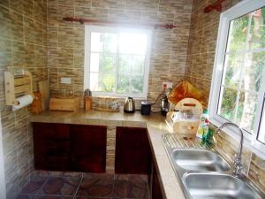 a kitchen with a sink and two windows at Chalets Anse Possession in Baie Sainte Anne