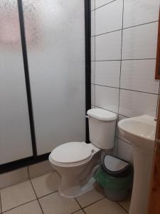 un baño con inodoro y lavabo en Cabañas Genesis, en Choshuenco 55 fotos más