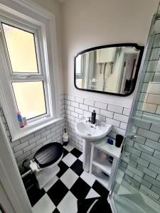 a bathroom with a toilet and a sink and a mirror at Southsea Royale Studio, James Bond, Parking, Seafront in Portsmouth