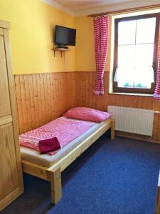 ein kleines Bett in einem Zimmer mit Fenster in der Unterkunft Apartmány U Švýcarského dvora in Janské Lázně