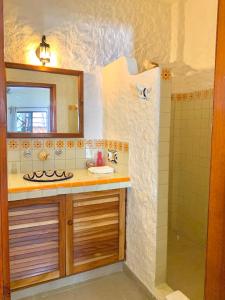 a bathroom with a sink and a mirror and a shower at Hotel Casa Lupita in Holbox Island