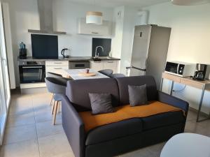 uma sala de estar com um sofá e uma cozinha em L'instant Léman - T2 3 étoiles à 5min de Thonon et Evian avec terrasse et jardin à 100m du lac em Publier
