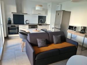 a living room with a couch and a kitchen at L'instant Léman - T2 3 étoiles à 5min de Thonon et Evian avec terrasse et jardin à 100m du lac in Publier +10 photos