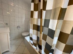 a bathroom with a toilet and a shower curtain at Bergsteiger Schlafplätze mit Parkplatz in Haslach