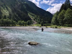 una persona parada en un río con una roca en el agua en Zum Schneider en Finkenberg