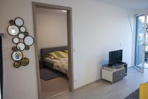 a mirror in a room with a bed and a television at New with a View - Spectacular Views in Every Direction in Hévíz