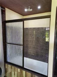 a bathroom with a shower and a glass window at Cabinas Vista Miravalles in Bijagua