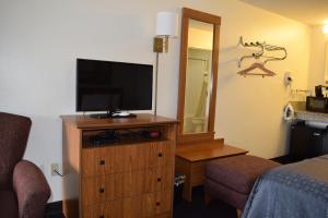 ein Hotelzimmer mit einem TV auf einer Kommode mit einem Bett in der Unterkunft Value Inn - Livonia in Livonia