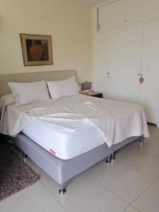 een bed met witte lakens en kussens in een slaapkamer bij Apartamento en Edificio Vanguardia in Punta del Este +10 foto's