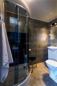 ビェルスコ・ビャワにあるHello Hostel & Apartmentsのバスルーム(シャワー、トイレ、シンク付)