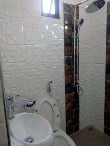 a small bathroom with a toilet and a shower at Leonor's Transient House in Polangui +8 photos