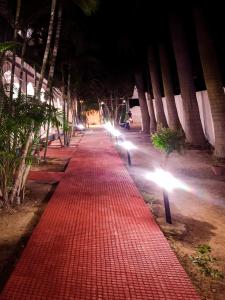a red brick path with lights on it at night at Hotel Jungle Palace Resort in Umariā