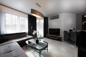 ein Wohnzimmer mit einem Sofa und einem TV in der Unterkunft Aparthotel New Lux in Breslau