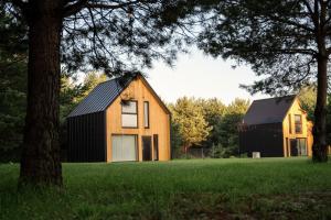 une maison avec un toit noir sur un champ vert dans l'établissement Osada Hygge, à Gostynin