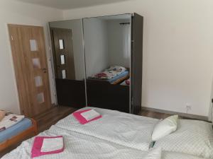 a bedroom with two beds and a mirror at Flat in the Heart of Liptovsky Mikulas in Liptovský Mikuláš