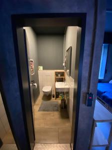 ein Badezimmer mit einem weißen WC und einem Waschbecken in der Unterkunft Jonnys Loft in Osnabrück