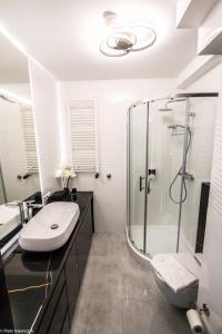 卢布林Apartament Unia 12 Basen&SPA的一间带玻璃淋浴和水槽的浴室