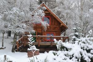 una baita di tronchi nel bosco nella neve di AGROTURYSTYKA TEOSIOWO a Pobiedna