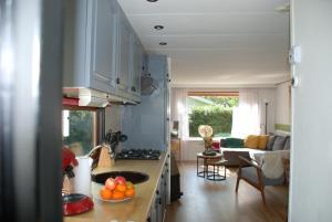 cocina con encimera y sala de estar. en Charmant chalet op een bospark op de Veluwe, en Putten