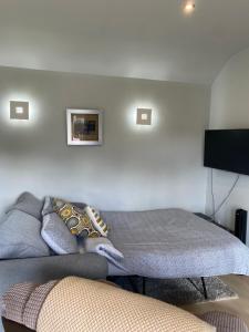 uma cama numa sala de estar com um sofá em Gateway to The Glens em Ballymena