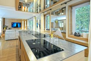 Una cocina con fregadero y una sala de estar. en Campiglio Luxury Apartment with SPA, en Madonna di Campiglio
