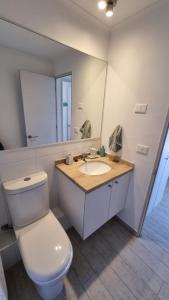 a bathroom with a toilet and a sink and a mirror at Relajo y tranquilidad a pasos del mar in La Serena