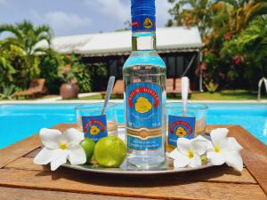 a bottle of alcohol and two glasses and limes on a tray at Gites Kaladja in Port-Louis
