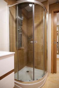a shower with a glass door in a bathroom at Apartamento Boutique Plasencia Centro in Plasencia