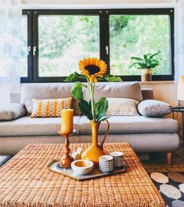 a living room with a table with a flower in a vase at Ferienwohnung Diesbrunnen in Ebermannstadt