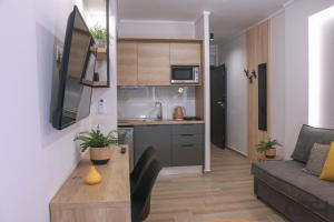 een kleine keuken en een woonkamer met een bank bij New deluxe studio 1 downtown Thessaloniki-Fully equipped in Thessaloniki