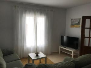 sala de estar con sofá y TV en Casa COMPARTIDA Algarrobo, en Algodonales