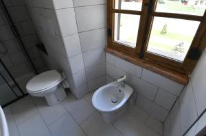 a bathroom with a toilet and a sink and a window at Il Rustico in Ronco Canavese