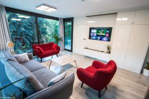 卢布林Apartament Unia 12 Basen&SPA的客厅配有沙发和2把红色椅子
