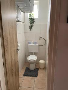 a small bathroom with a toilet and a window at Patak pihenő in Mende