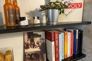 une étagère remplie de livres et d'une plante en pot dans l'établissement Lovely Avignon - Studio de charme plein centre - proche palais des papes, à Avignon