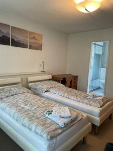 1 Schlafzimmer mit 2 Betten und einem Spiegel in der Unterkunft Haus Pramalinis - Mosbacher in Davos