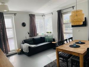 salon z czarną kanapą i stołem w obiekcie Apartment Klínovec SUN - garážové parkování w mieście Loučná pod Klínovcem
