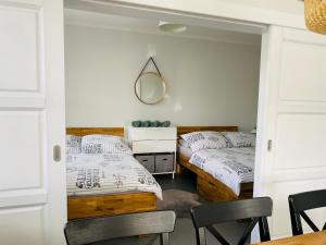 sypialnia z 2 łóżkami i lustrem na ścianie w obiekcie Apartment Klínovec SUN - garážové parkování w mieście Loučná pod Klínovcem