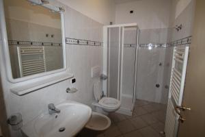 een badkamer met een wastafel, een toilet en een douche bij Snowflake Apartment in Livigno +5 foto's