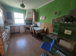 een keuken met groene muren en een tafel en stoelen bij Chata Javorina in Javorina