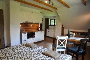 a kitchen with a bed and a table in a room at Apartmány U Fibichů in Orlické Záhoří 