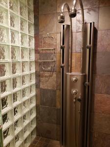 a shower in a bathroom with a glass wall at Mill Creek Gardens in Winamac