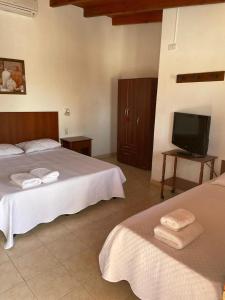 卡法亞特的住宿－Hotel del Sol Cafayate，酒店客房设有两张床和电视。