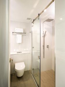 uma casa de banho com um WC e uma cabina de duche em vidro. em Carnmore Hotel Christchurch em Christchurch
