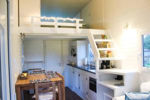 a small kitchen with a loft bed in a tiny house at TinyHaus auf Annettes Kinderbauernhof in Bad Lauterberg