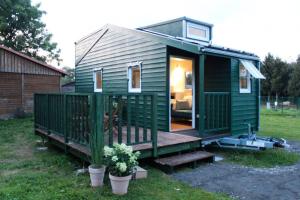 a green tiny house with a porch and stairs at TinyHaus auf Annettes Kinderbauernhof in Bad Lauterberg