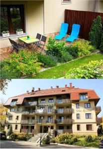 twee foto's van een gebouw met stoelen en een tafel bij Apartament z Ogrodem in Polanica-Zdrój