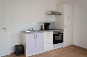 a small kitchen with white cabinets and a sink at Chez Fabrice in Gunstett