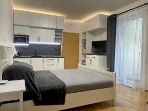 a bedroom with a large bed and a kitchen at Martinske Hole, Apartman, Nova Ponorka in Martin