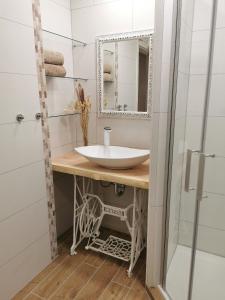 La salle de bains est pourvue d'un lavabo et d'un miroir. dans l'établissement Ferienwohnung Anni - Harz, à Wernigerode